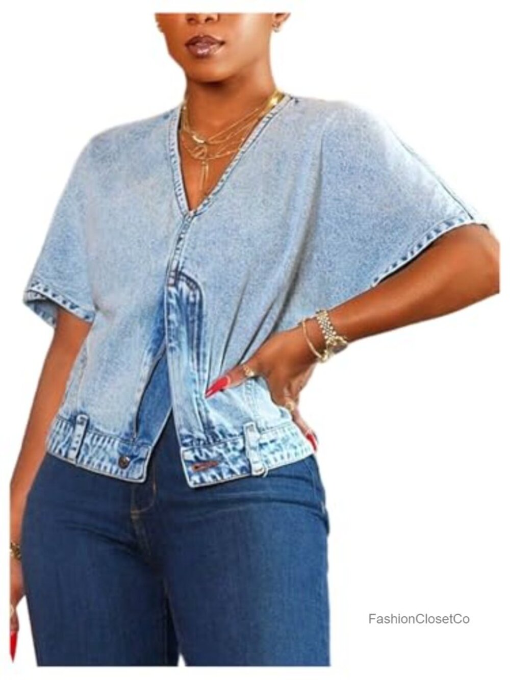 Women's Denim Button Down Shirt with V-Neck and Short Sleeve